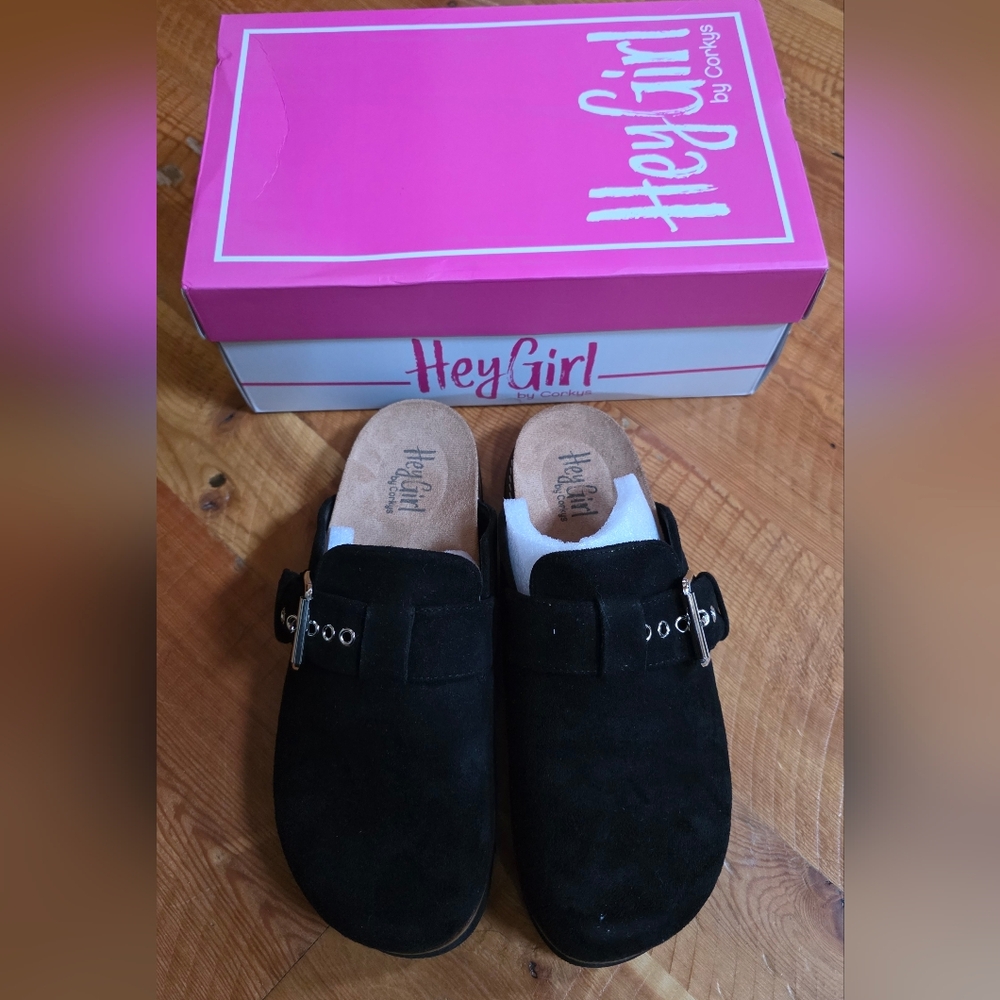 Hey Girl Black Suede Buckle Clog Mules